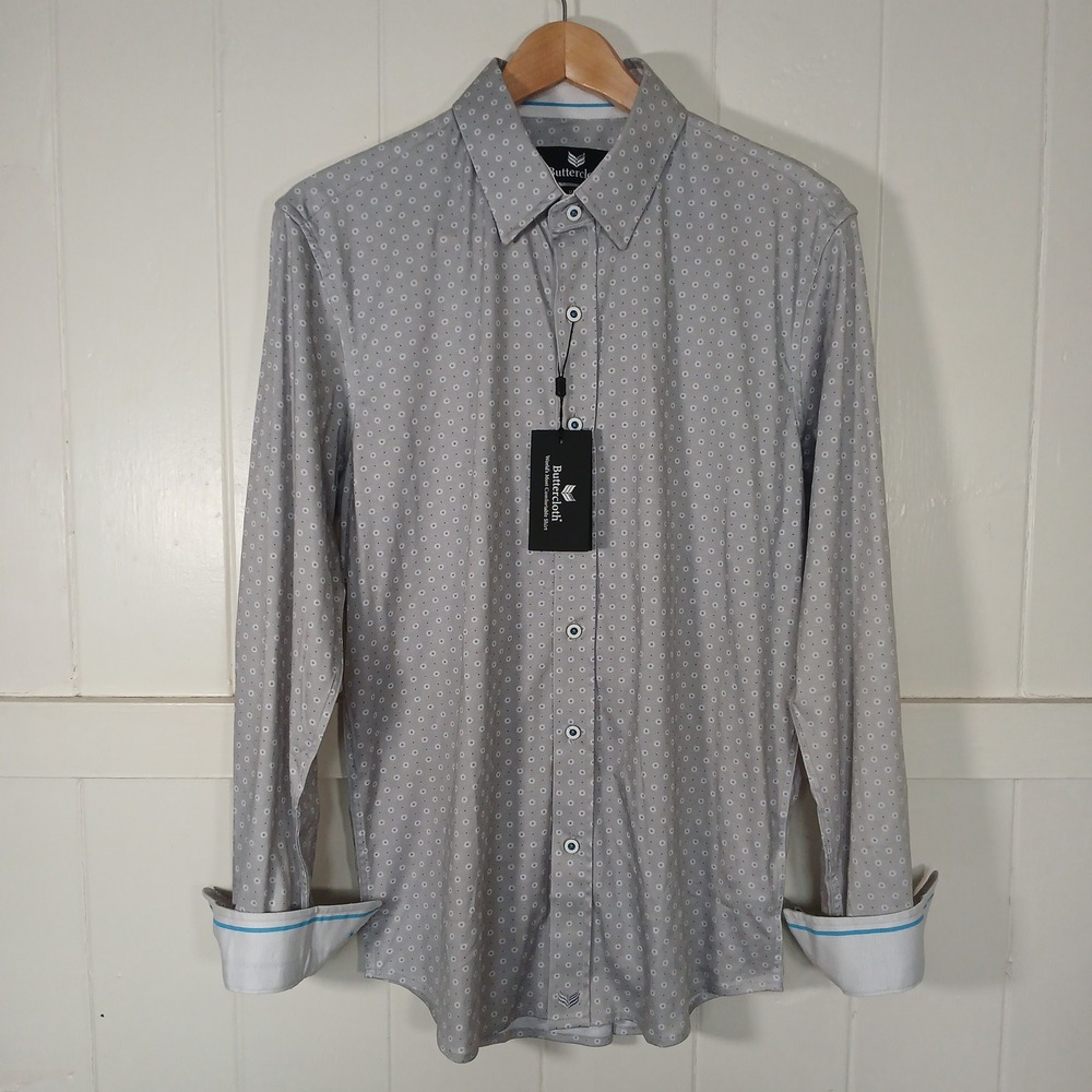 NWT Buttercloth Button Down Shirt Mens M Grey Floral Geometric Regular Fit New